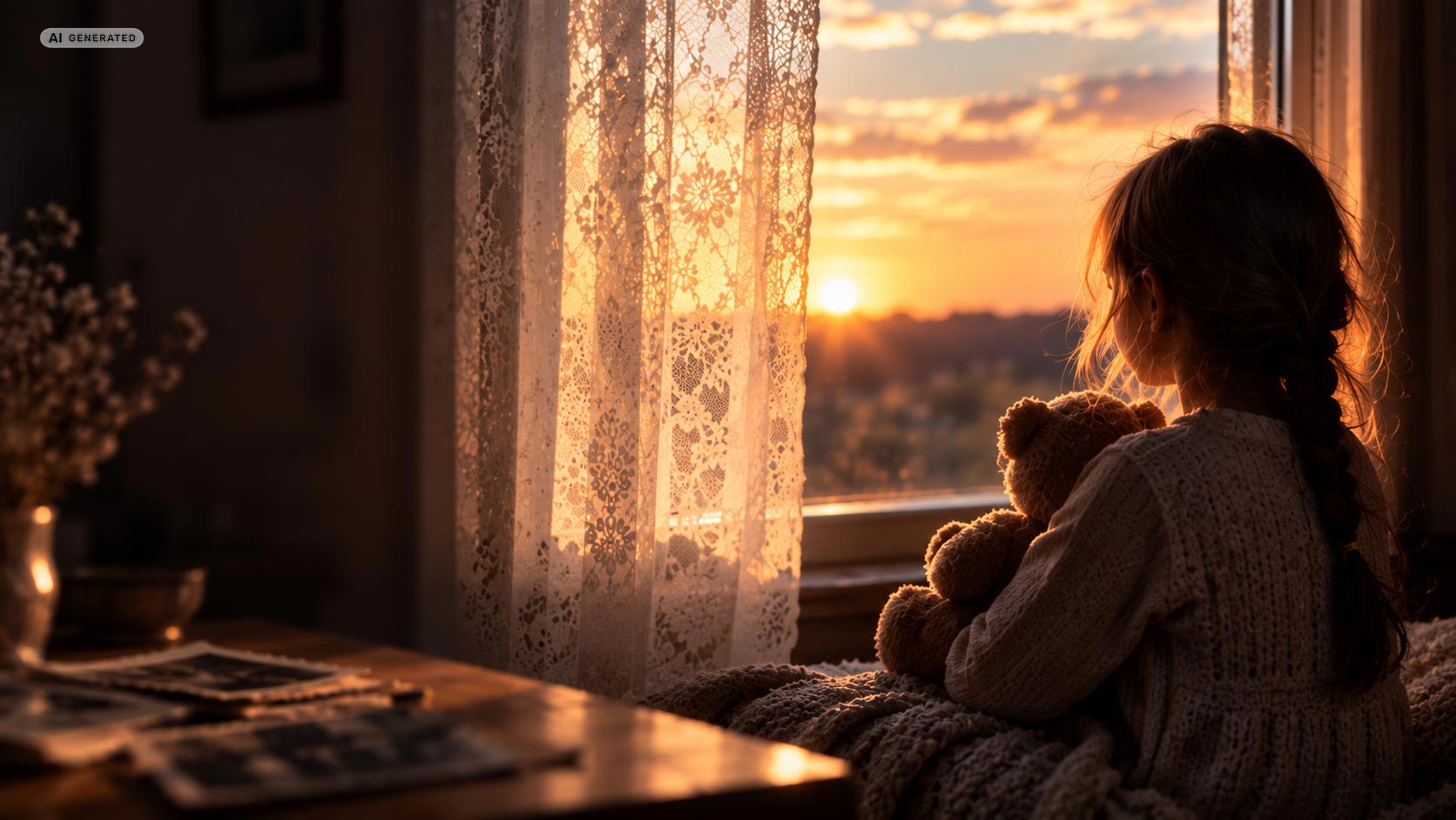 KI-generiertes Bild: Mädchen schaut aus Fenster | einstieg 01
