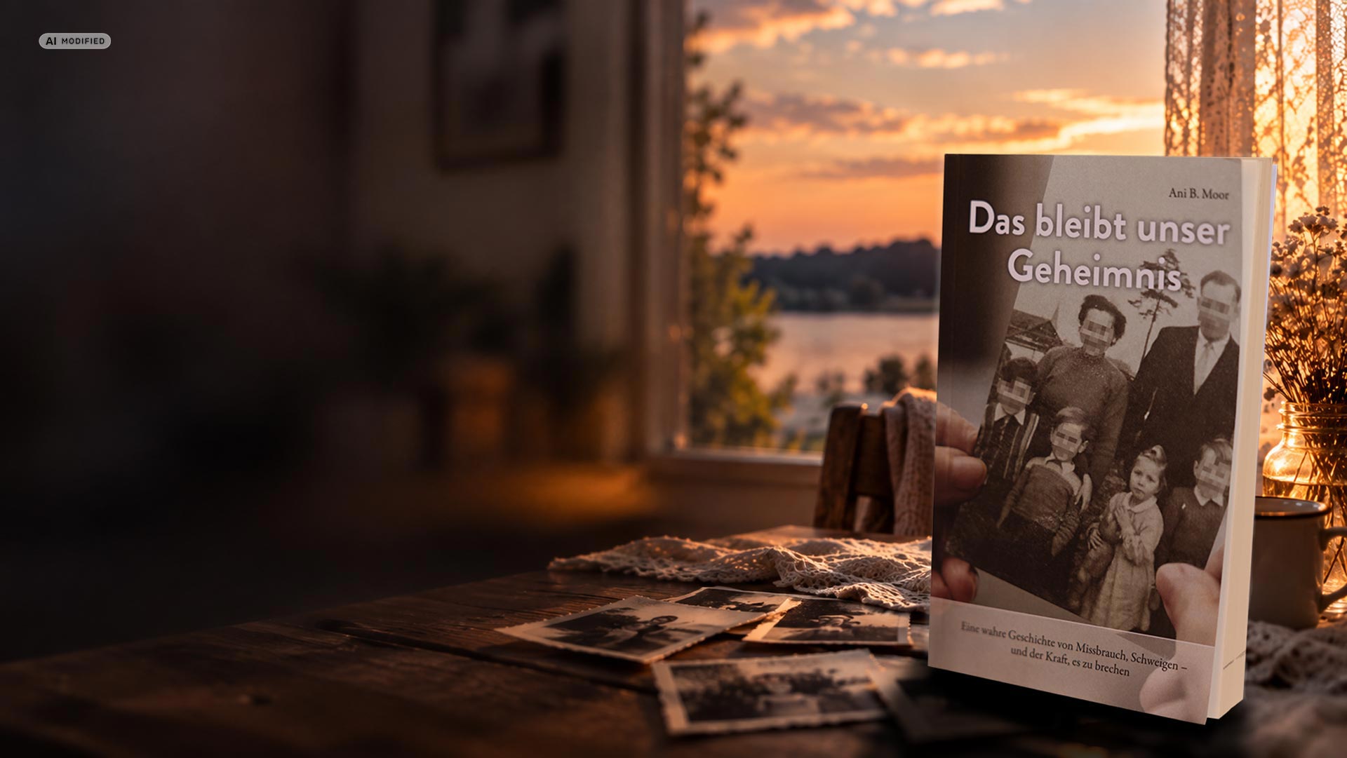 Das Buch: Das bleibt unser Geheimnis von Ani B. Moor | KI-modifiziertes Bild: Buch auf Tisch